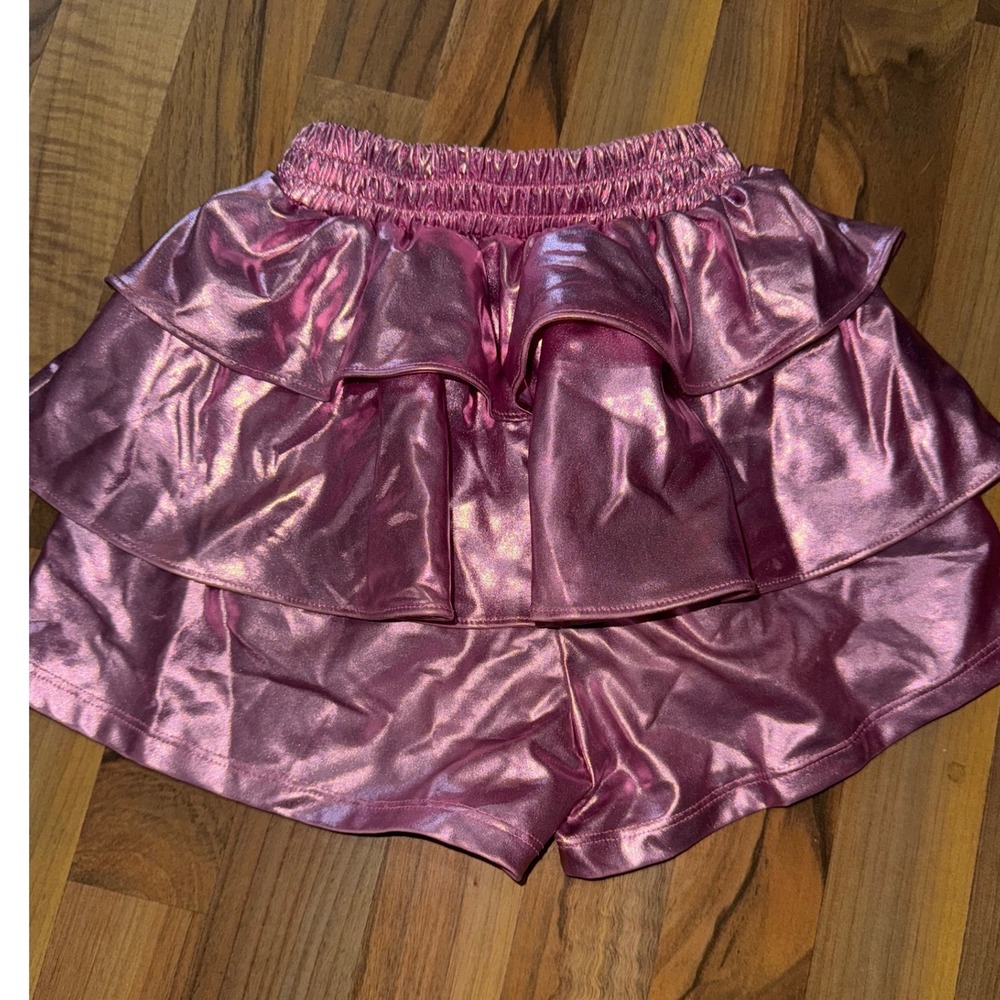 Metallic Ruffle Tiered Shorts Shiny Pink Party Dance Costume Kids Size 8-9 girls